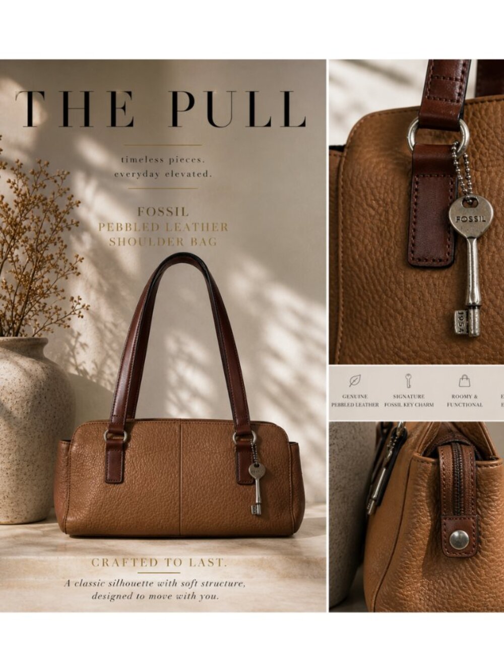 Fossil Pebbled Leather Shoulder Bag Brown Tan Small Tote Key Charm